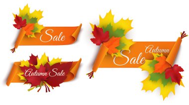Sonbahar satış afiş beyaz arka plan üzerinde izole. Kurdeleler renkli yaprakları ile. Vektör