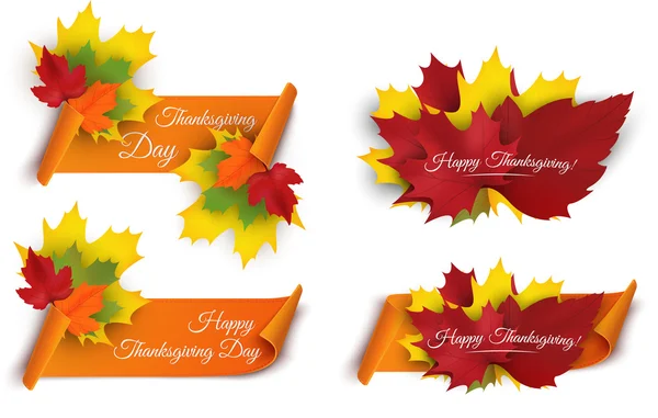 Şükran günün kutlu olsun dizi renkli sonbahar yaprakları ve kağıt kaydırma şerit ile afiş. Vektör — Stok Vektör