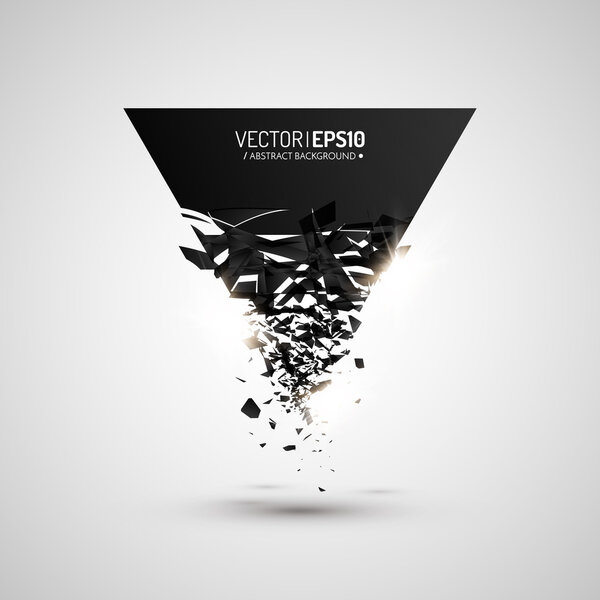 Black triangle with debris. Abstract black explosion. Geometric background. Vector