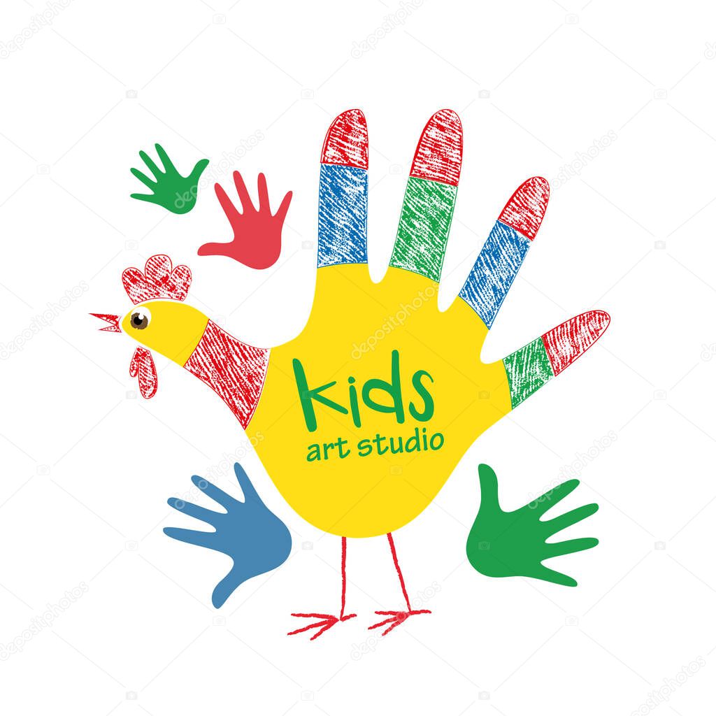 Kids art studio logo design, colorful hand printed cock with text, childrens center, art school label template. Vector illustration, eps 8 format