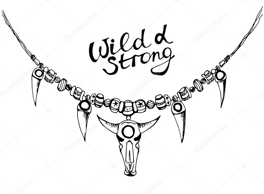 Hand drawn necklace, boho style, wild and strong