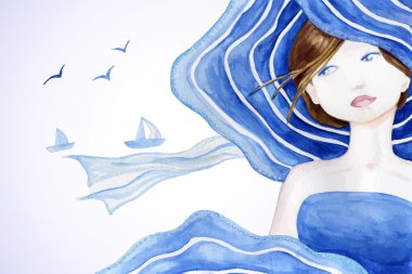 Rerto güzel kadın deniz backdround üzerinde tarz.