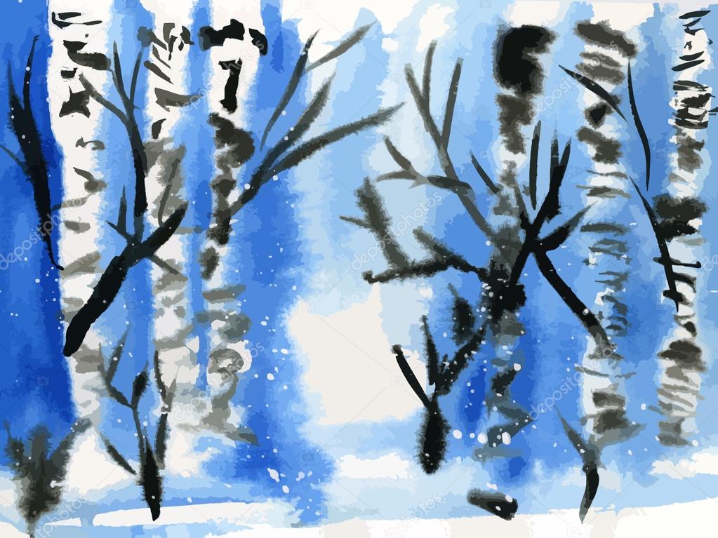 Winter birches watercolor
