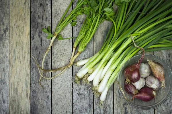 Cebolla galesa, cebolla, ajo y cilantro sobre tabla de madera, fondo vegetal Imagen de stock