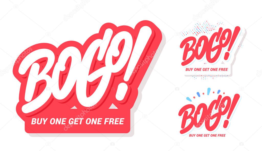 BOGO sale icons. Buy one get one free. Vector lettering banners set.