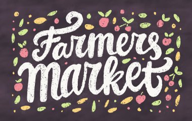 Çiftçi pazarı. Tebeşir tahtası el yazısı vektör işareti.