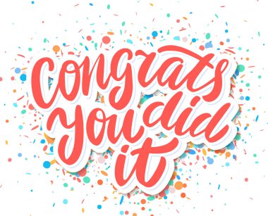 Tebrik ederim, başardın. Selamlama bayrağı. Vektör el yazısı harfler.