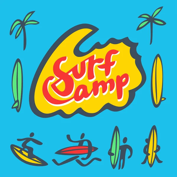 Señal de campamento de surf con iconos establecidos — Vector de stock