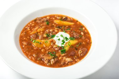 Rassolnik turşusu salatalık, arpa, et yeşillik süslenmiş. Close