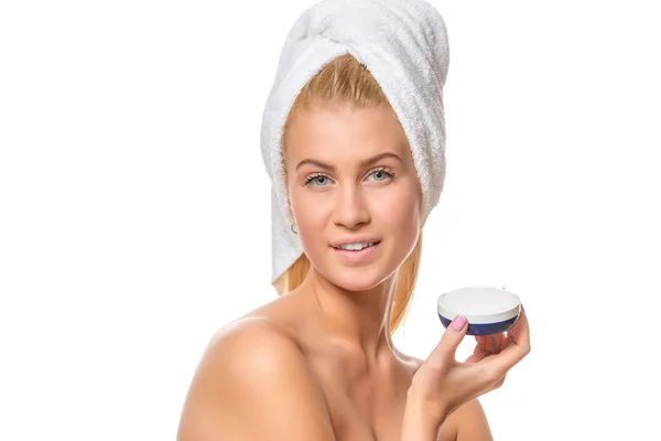 Beautiful spa girl holding jar of cream. Closeup — 스톡 사진