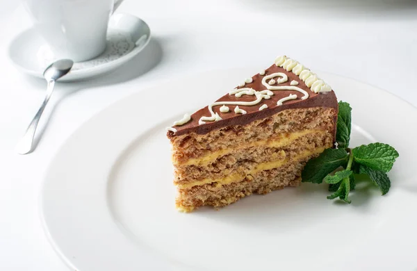 Pièce de gâteau Kiev avec crème au chocolat et menthe décorée — Photo