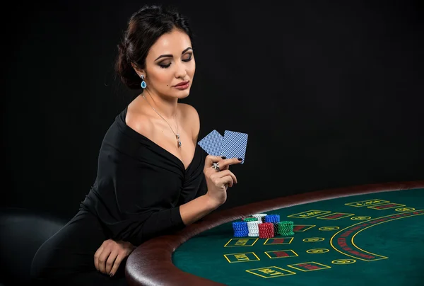 Sexy woman with poker cards and chips — Stock Photo, Image