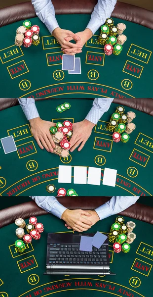 Close-up van pokerspeler met speelkaarten, laptop en chips — Stockfoto