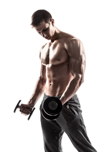 Muskulöser Mann macht Übungen mit Hanteln isoliert auf weißem Hintergrund — Stockfoto