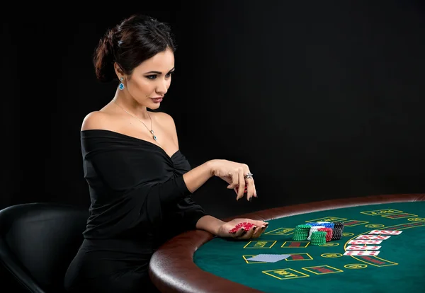 Sexy woman with poker cards and chips — Stock Photo, Image