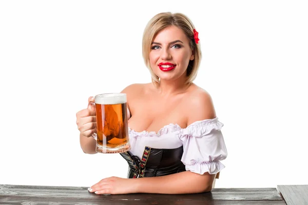 Vacker ung blond flicka av oktoberfest öl stein — Stockfoto