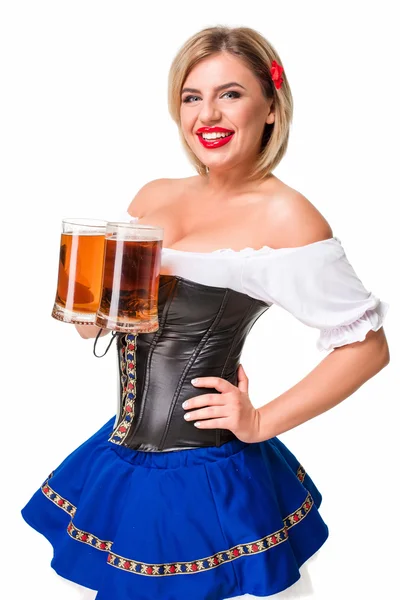 Vacker ung blond flicka av oktoberfest öl stein — Stockfoto
