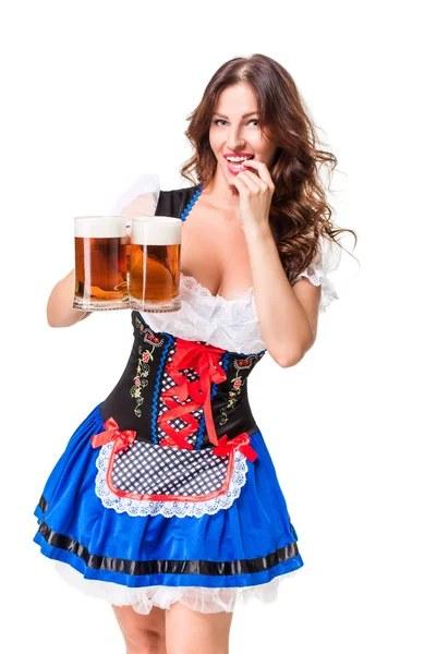 Oktoberfest bira Stein güzel genç esmer kız — Stok fotoğraf