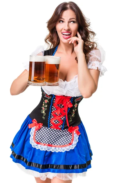 Vacker ung brunett flicka av oktoberfest öl stein — Stockfoto