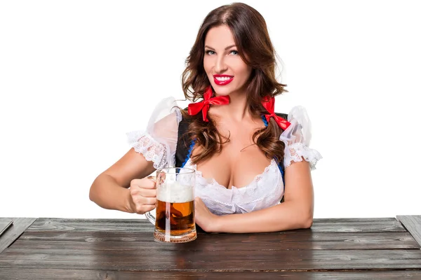 Hermosa joven morena chica de oktoberfest cerveza stein — Foto de Stock