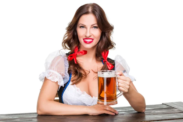 Mooie jonge brunette meisje van oktoberfest bier stein — Stockfoto