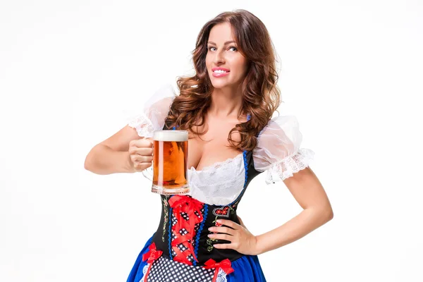 Oktoberfest bira Stein güzel genç esmer kız — Stok fotoğraf