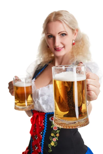 Vacker ung blond flicka av oktoberfest öl stein Stockfoto