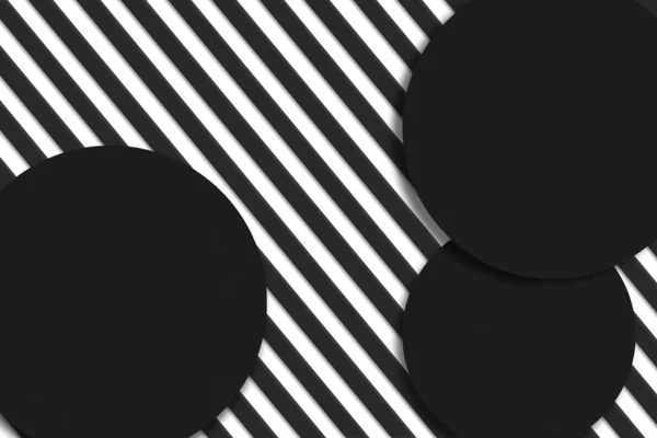 Fond rayé noir et blanc avec trois supports ronds pour les articles promotionnels. Fermer, copier l'espace pour votre publicité ou vos produits — Photo