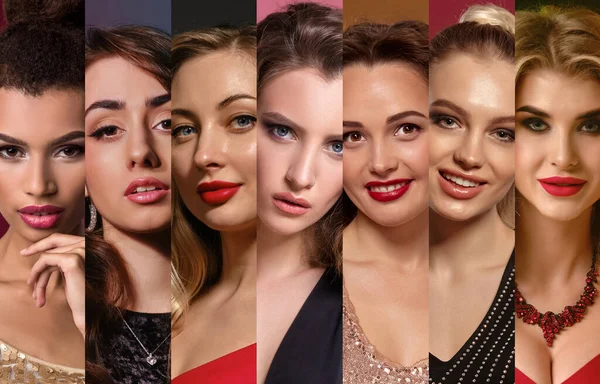 Collage von Frauengesichtern mit hellem Make-up und stylischem Schmuck. Unterschiedliche Gesichtsausdrücke vor buntem Hintergrund. Nahaufnahme — Stockfoto