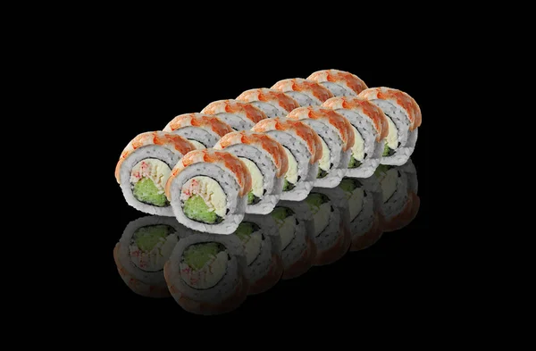 Rolls with tiger prawn on black background with reflection — Stock Photo, Image