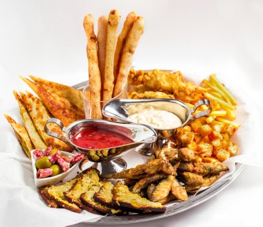 Large plate a wide selection snacks for beer served