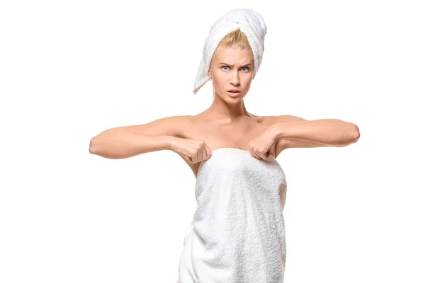 Young attractive woman with blue eyes in a towel — Stock Photo, Image