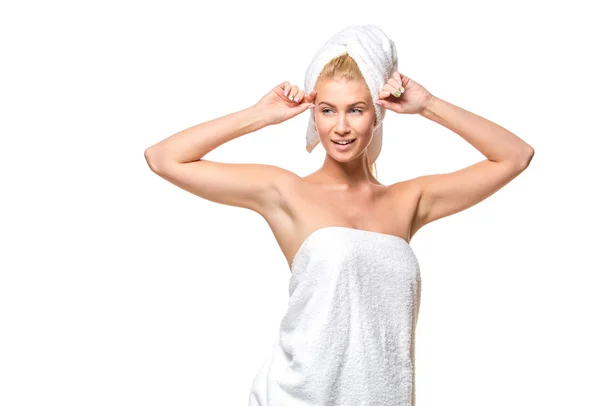 Young attractive woman with blue eyes in a towel — Stock Photo, Image