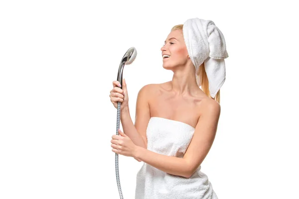 Happy pretty woman in towel singing using shower having fun — 스톡 사진