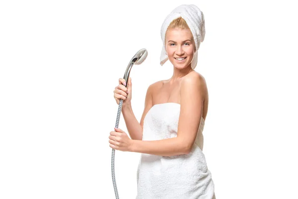 Happy pretty woman in towel singing using shower having fun — 스톡 사진