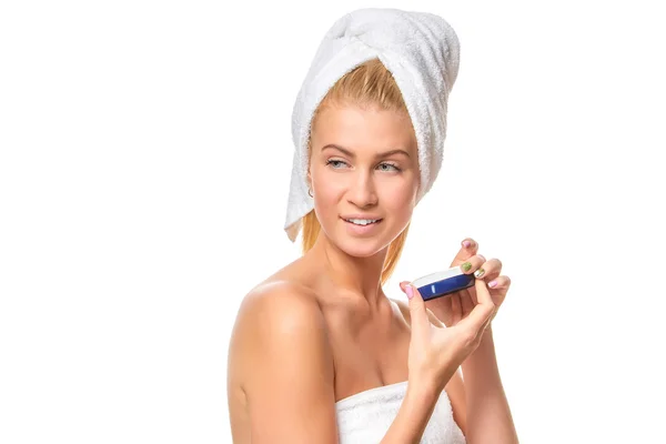 Beautiful spa girl holding jar of cream isolated on white — 스톡 사진