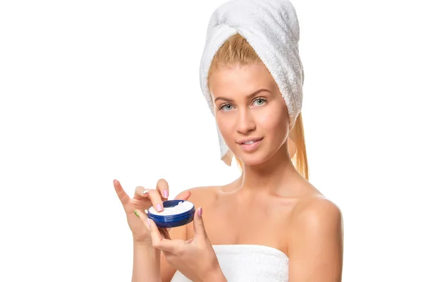 Beautiful spa girl holding jar of cream isolated on white — 스톡 사진