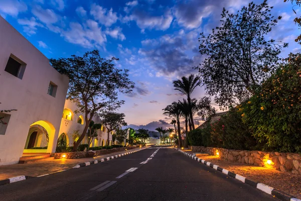 Вечерний вид на дорогу в освещении, белые апартаменты, пальмы — стоковое фото