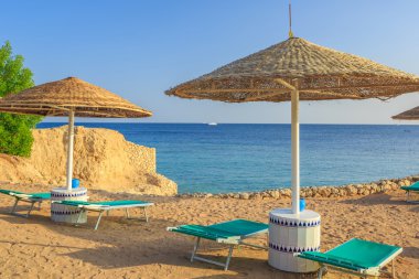 Güneş şemsiyeleri ve boş şezlonglar sahilde kum plaj