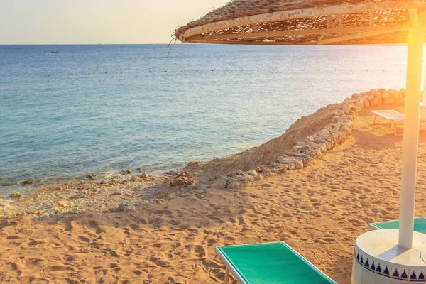 Parasoller och tomma solstolar på stranden sand stranden — Stockfoto