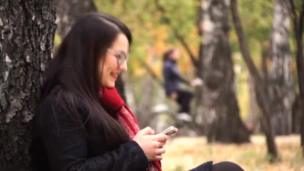 Γυναικών επιχειρηματιών χρήση ενός κινητού τηλεφώνου στο πάρκο — Αρχείο Βίντεο