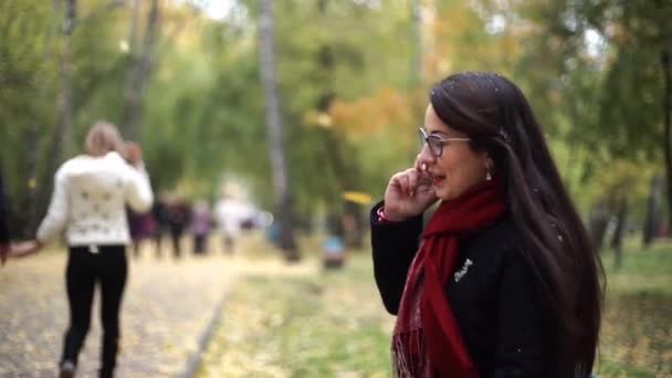 Zakelijke vrouwen gebruik van een mobiele telefoon in het park — Stockvideo