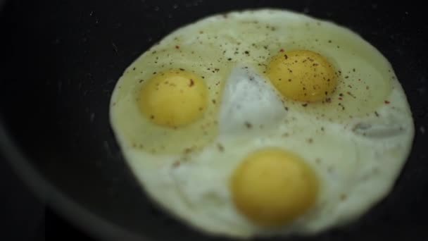 Close up view of the fried egg on a frying pan — Stock Video