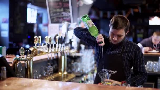 Νέοι bartenderpreparing κοκτέιλ με αναδευτήρα — Αρχείο Βίντεο