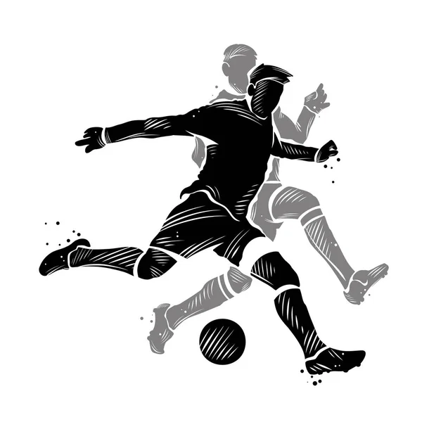 Beyaz zemin üzerinde top oynayan iki futbolcunun siyah ve gri çizimleri