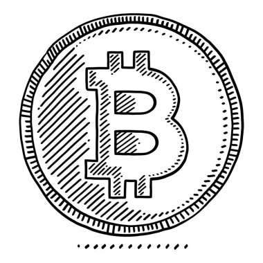 Bir bitcoin 'in çocuksu taslak biçiminde beyaz arka planda siyah olarak çizilmesi