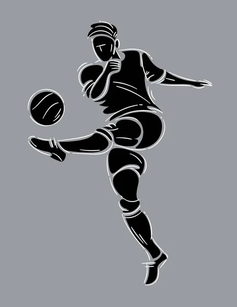 Jugador Fútbol Corriendo Con Pelota Dibujo Negro Gris Con Trazos — Vector de stock