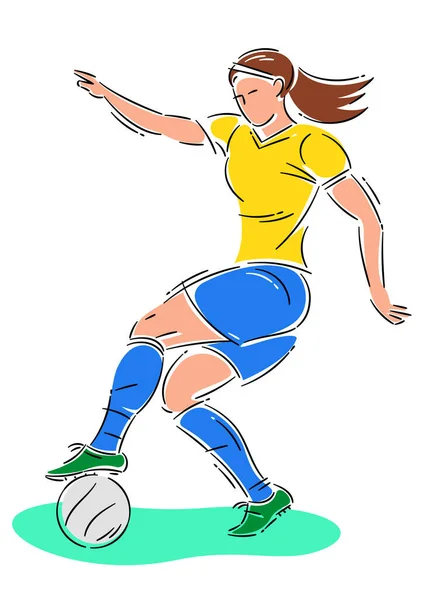 Fußballerin Die Den Ball Hält Farbige Zeichnung Mit Einfachen Strichen — Stockvektor