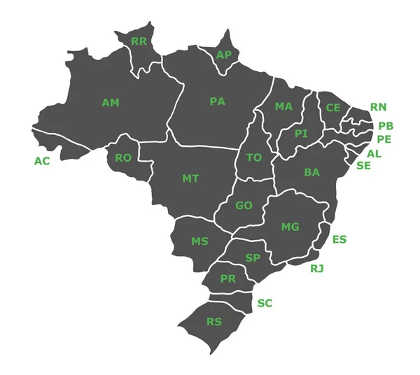 Mapa Cinzento Brasil Com Iniciais Dos Estados — Vetor de Stock