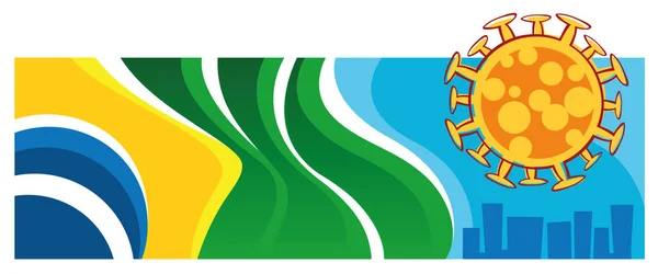 Bandeira Brasileira Com Design Vírus Corona Voando Sobre Cidade — Vetor de Stock